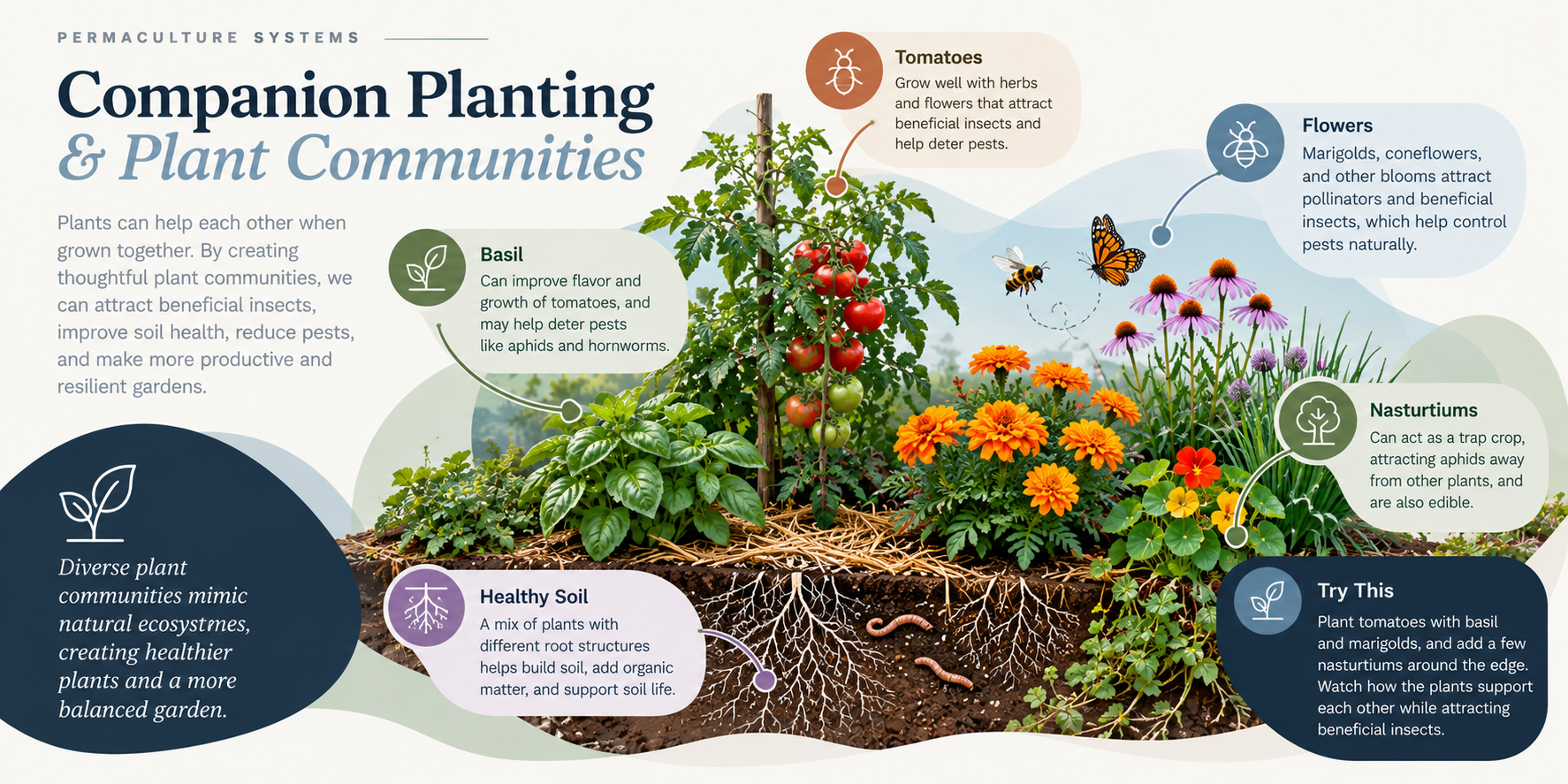 Companion planting diagram featuring tomatoes, herbs, flowers, beneficial insects and healthy soil