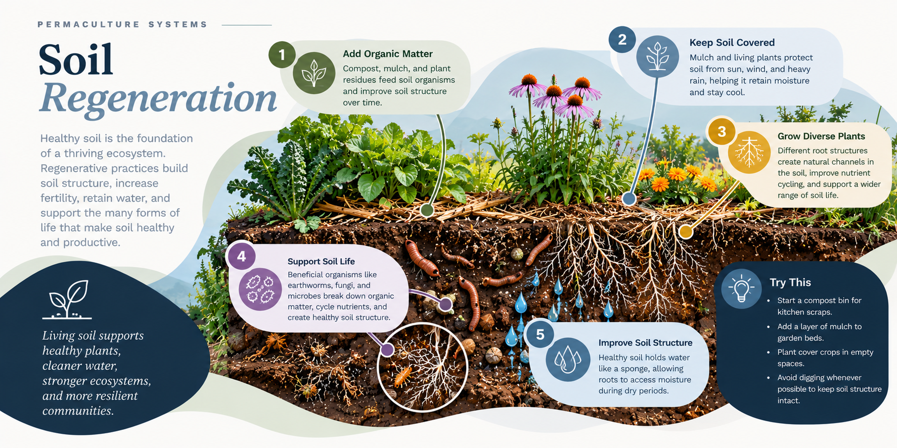 Soil cross-section illustrating compost, mulch, plant roots and soil organisms