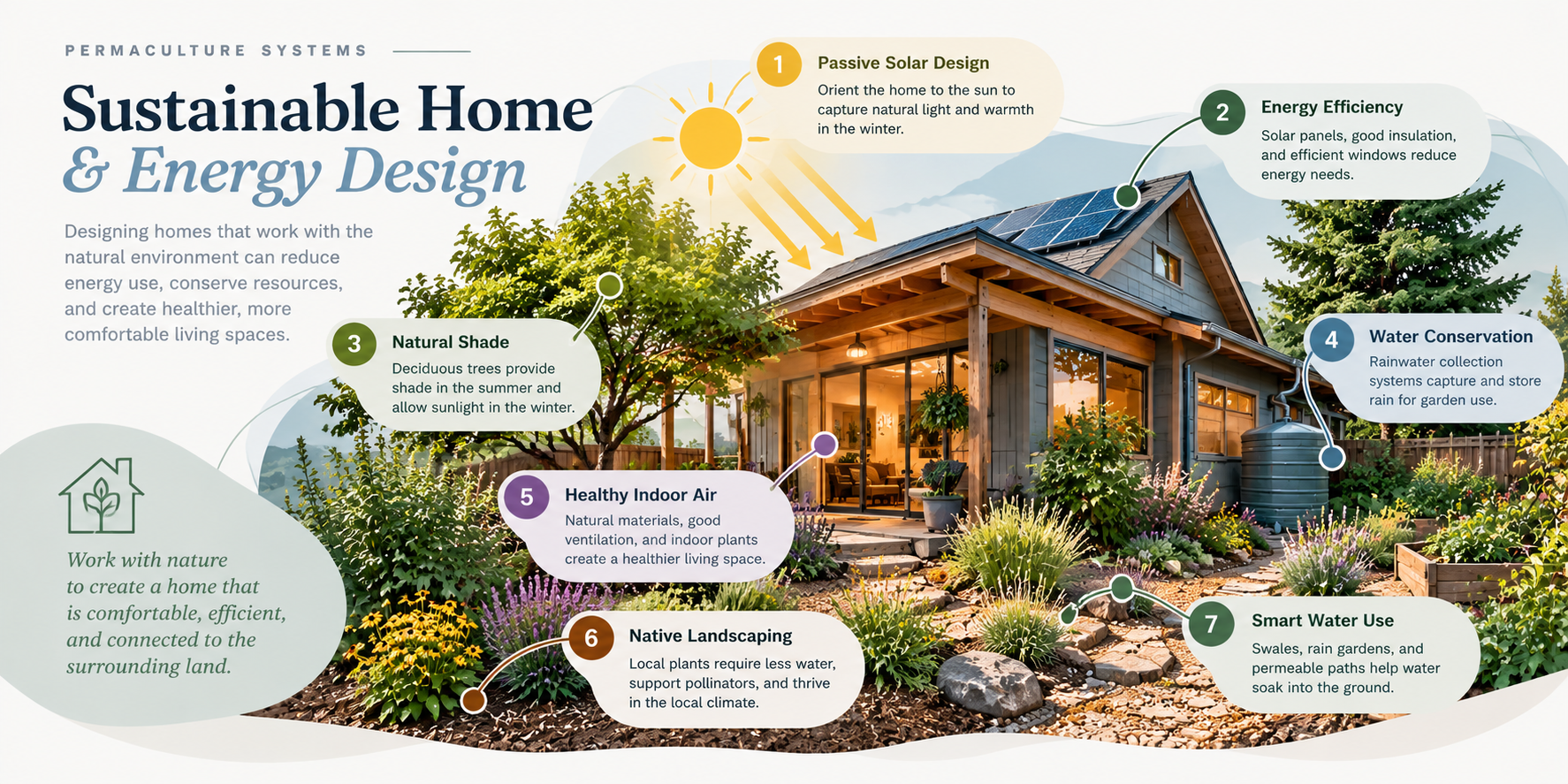 Sustainable home diagram showing shade, solar design, energy efficiency and water management