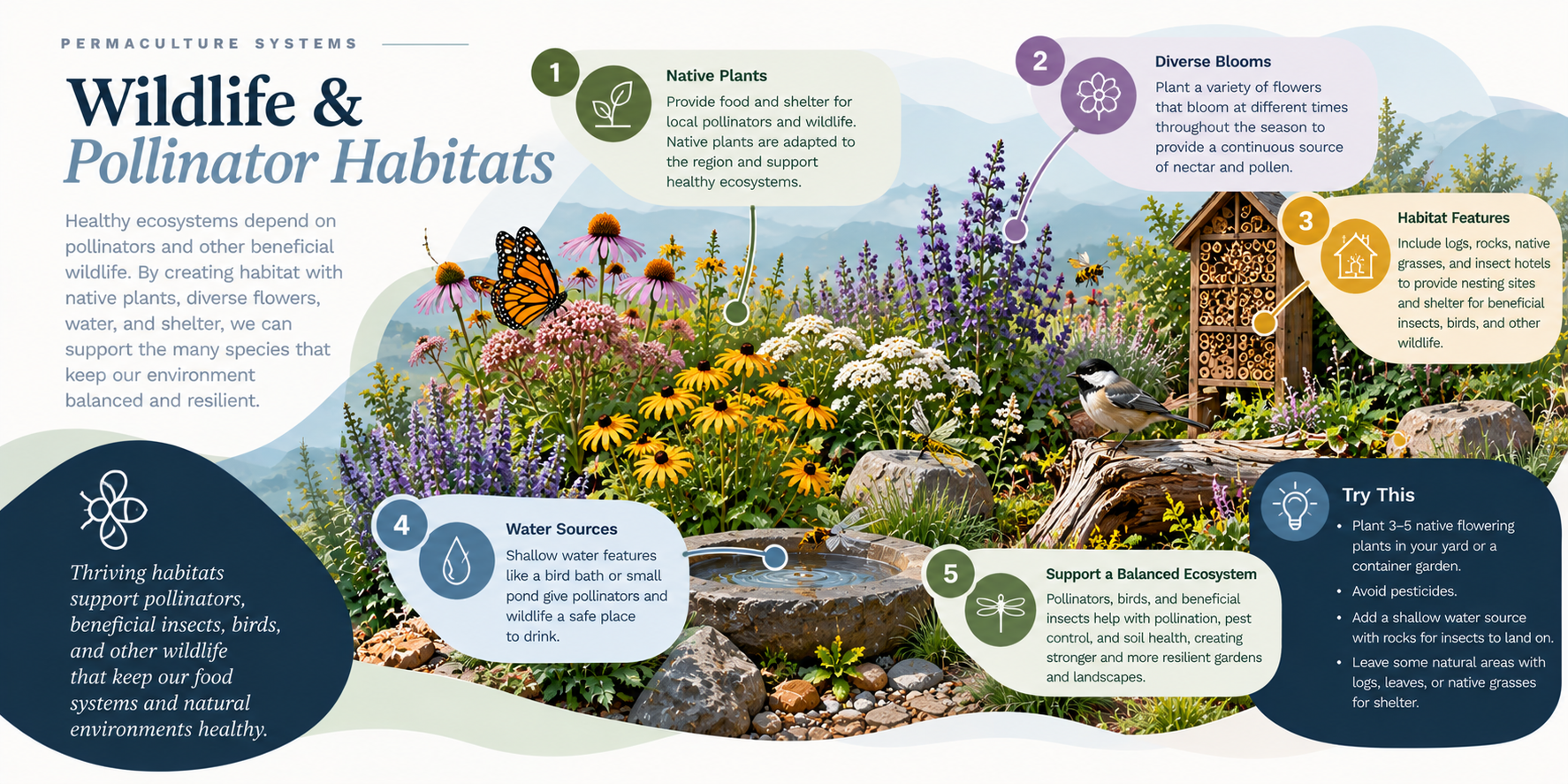 Illustrated wildlife and pollinator habitat with native plants, flowers, water and shelter